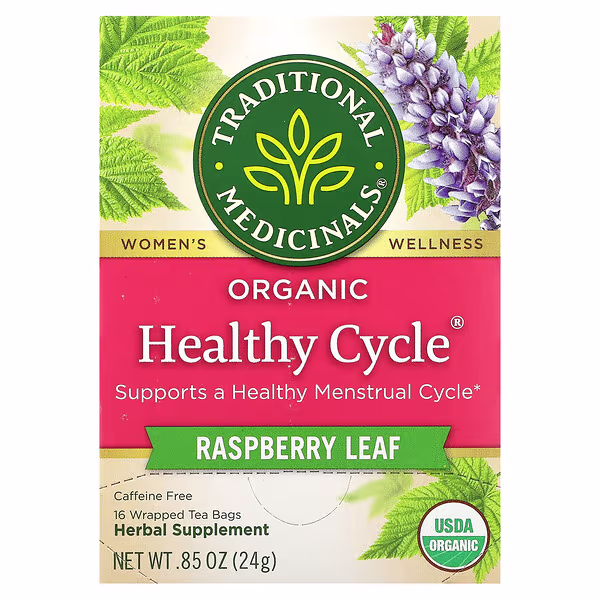 Traditional Medicinals, Organic Healthy Cycle®, Raspberry Leaf, Caffeine Free, 16 Wrapped Tea Bags, 0.85 oz (24 g)