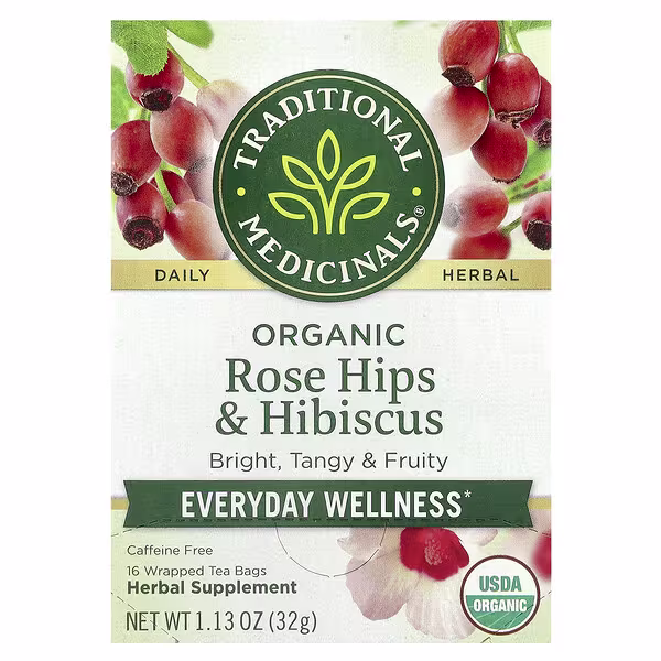 Traditional Medicinals, Organic Rose Hips & Hibiscus, Caffeine Free, 16 Wrapped Tea Bags, 1.13 oz (32 g)