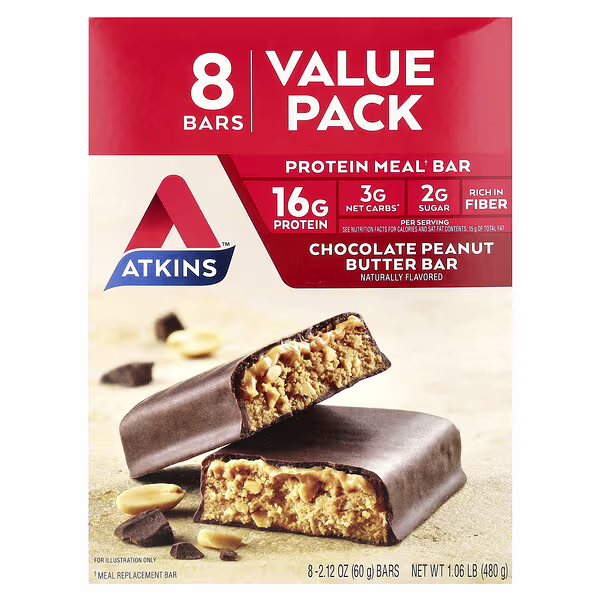 Atkins, Protein Meal Bar, Chocolate Peanut Butter, 8 Bars, 2.12 oz (60 g) Each