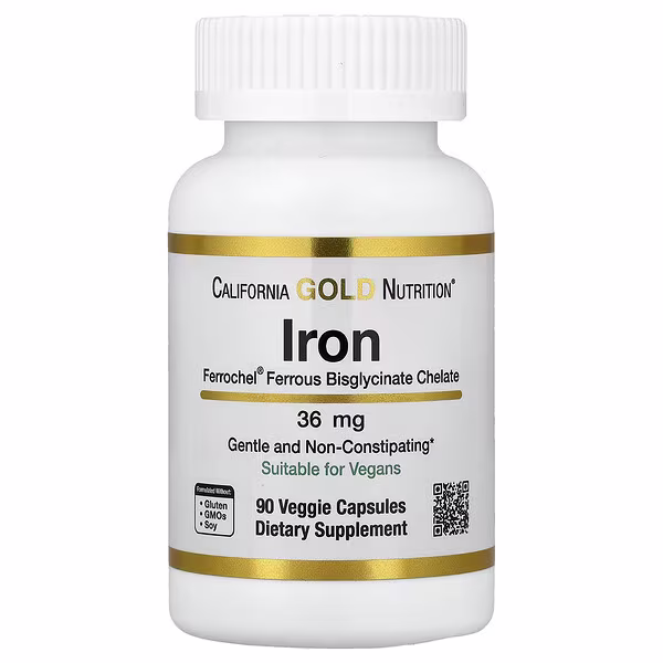 California Gold Nutrition, Ferrochel® Iron (Bisglycinate), 36 mg, 90 Veggie Capsules