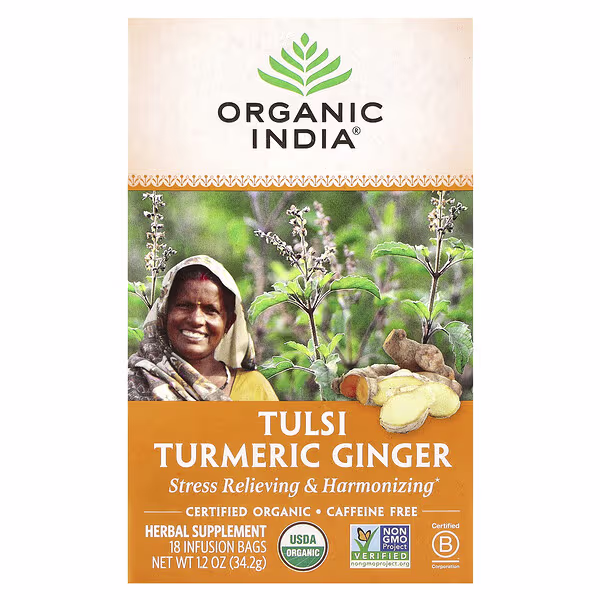 Organic India, Tulsi Turmeric Ginger Tea, Caffeine-Free, 18 Infusion Bags, 1.2 oz (34.2 g)