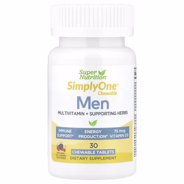 Super Nutrition, SimplyOne®, Men’s Multivitamin + Supporting Herbs with Vitamin A, Vitamin C, Organic Whole Food and Botanical Blend, Wild-Berry, 30 Chewable Tablets