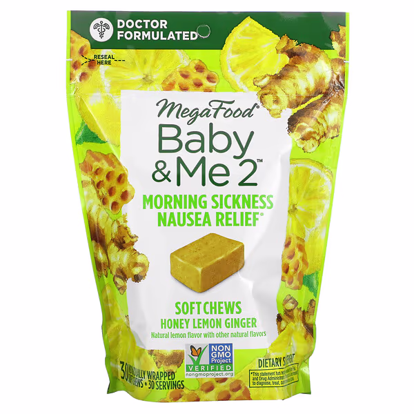 MegaFood, Baby & Me2, Morning Sickness Nausea Relief, Honey Lemon Ginger, 30 Individually Wrapped Soft Chews