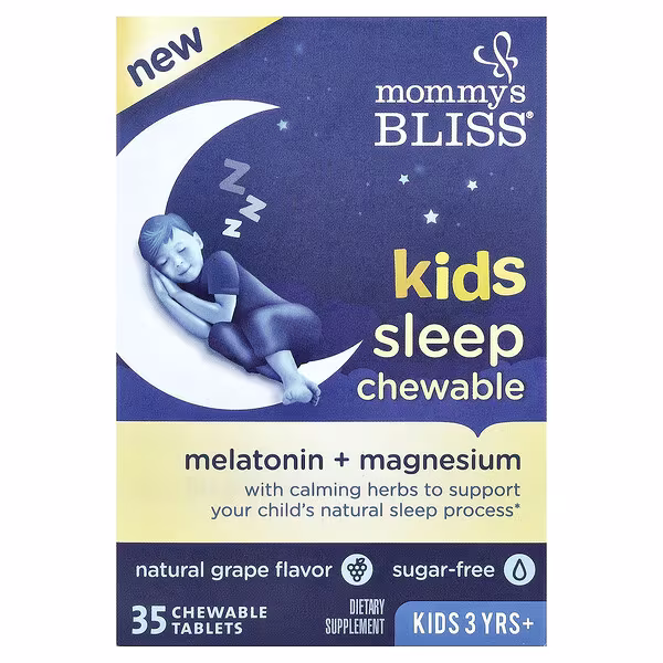Mommy's Bliss, Kids Sleep Chewable, Melatonin + Magnesium, 3 Yrs+, Natural Grape, 35 Chewable Tablets
