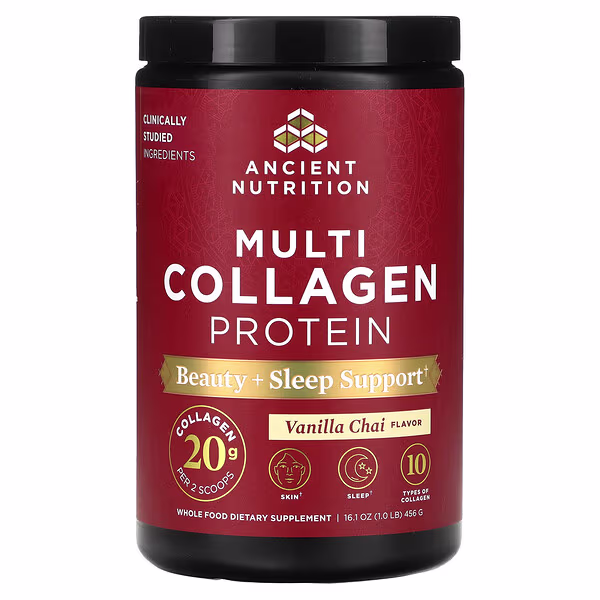 Ancient Nutrition, Multi Collagen Protein, Beauty + Sleep Support, Vanilla Chai, 1 lb (456 g)