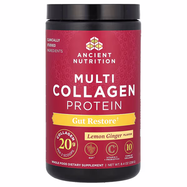 Ancient Nutrition, Multi Collagen Protein, Gut Restore, Lemon Ginger, 8.4 oz (238 g)