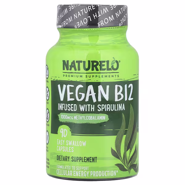 NATURELO, Vegan B12 Infused with Spirulina, 90 Easy Swallow Capsules
