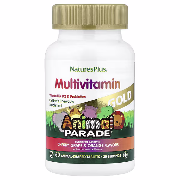 NaturesPlus, Animal Parade Gold, Children's Chewable Supplement, Cherry, Grape & Orange, 60 Animal-Shaped Tablets