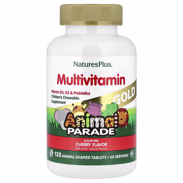 NaturesPlus, Animal Parade® Gold, Multivitamin, Children's Chewable Supplement, Cherry, 120 Animal-Shaped Tablets