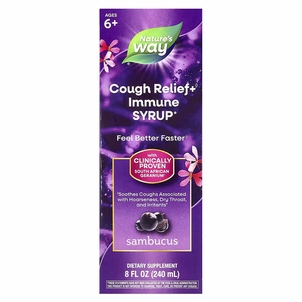 Nature's Way, Cough Relief+ Immune Syrup, Ages 6+, Sambucus, 8 fl oz (240 ml)