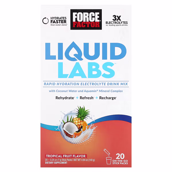 Force Factor, Liquid Labs™, Rapid Hydration Electrolyte Drink Mix, Tropical Fruit, 20 Stick Packs, 0.25 oz (7 g) Each