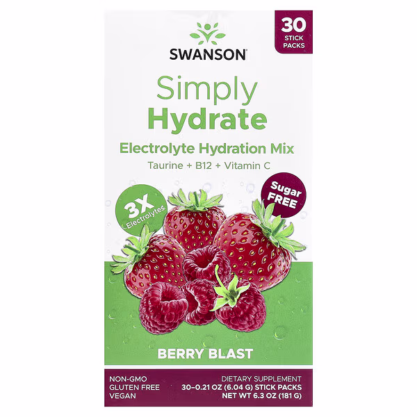 Swanson, Simply Hydrate, Electrolyte Hydration Mix, Berry Blast, 30 Stick Packs, 0.21 oz (6.04 g) Each