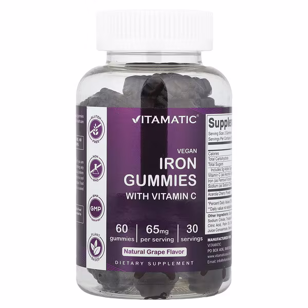 Vitamatic, Vegan Iron Gummies With Vitamin C, Natural Grape, 60 Gummies