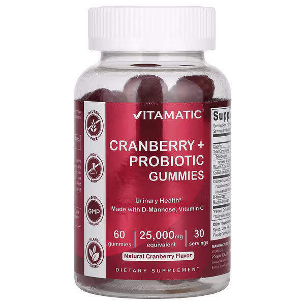 Vitamatic, Cranberry + Probiotic Gummies, Natural Cranberry, 60 Gummies