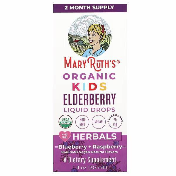 MaryRuth's, Organic Kids Elderberry Liquid Drops, 4-13 Years, Blueberry + Raspberry, 75 mg, 1 fl oz (30 ml)