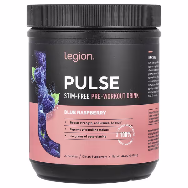 Legion Athletics, Pulse, Stim-Free Pre-Workout Drink, Blue Raspberry, 0.98 lbs (444 g)