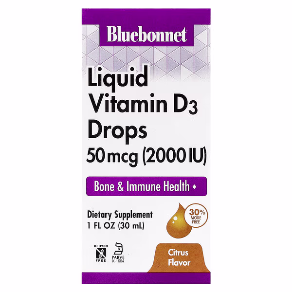 Bluebonnet Nutrition, Liquid Vitamin D3 Drops, Citrus, 50 mcg (2,000 IU), 1 fl oz (30 ml)