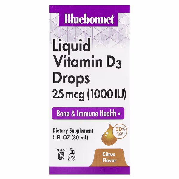 Bluebonnet Nutrition, Liquid Vitamin D3 Drops, Citrus, 25 mcg (1,000 IU), 1 fl oz (30 ml)