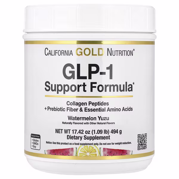 California Gold Nutrition, GLP-1 Support Formula with Collagen Peptides, Prebiotic Fiber & Essential Amino Acids, Watermelon Yuzu, 1.09 lb (494 g)