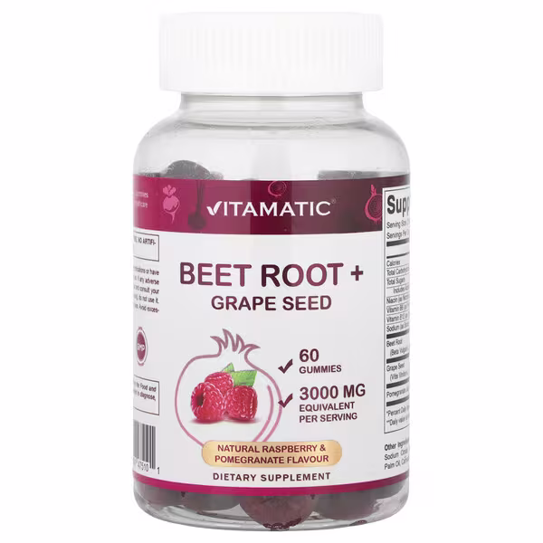 Vitamatic, Beet Root + Grape Seed Gummies, Natural Raspberry & Pomegranate, 60 Gummies