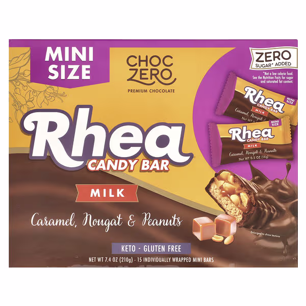 ChocZero, Rhea Candy Bar, Milk, Caramel, Nougat & Peanuts, 15 Mini Bars, 0.5 oz (14 g) Each
