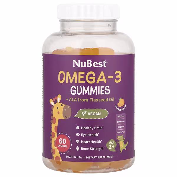 NuBest, Omega-3 Gummies + ALA from Flaxseed Oil, Age 2+, Orange, 60 Gummies