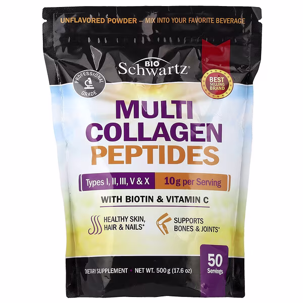 BioSchwartz, Multi Collagen Peptides Powder, Types I, II, III, V & X, With Biotin & Vitamin C, Unflavored, 17.6 oz (500 g)