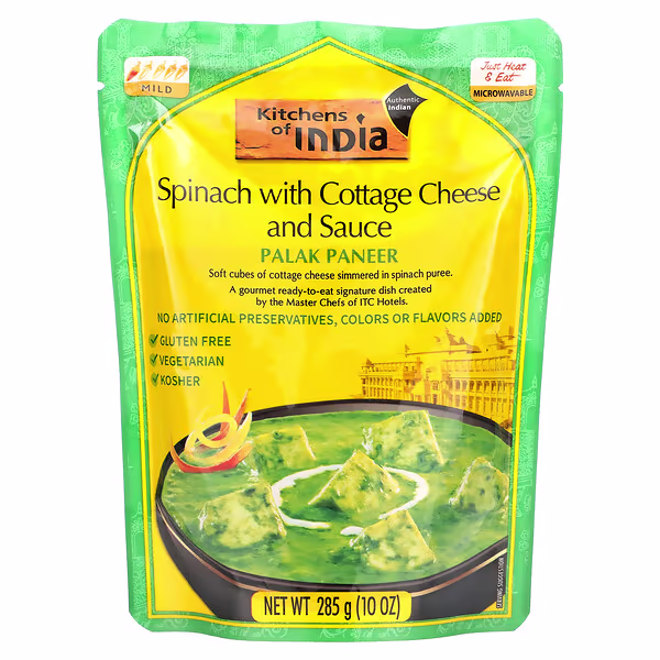 Kitchens of India, Palak Paneer, Spinach with Cottage Cheese and Sauce, Mild, 10 oz (285 g)