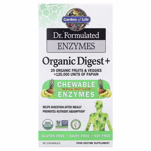 Garden of Life, Dr. Formulated Enzymes, Organic Digest+, Tropical Fruit, 90 Chewables