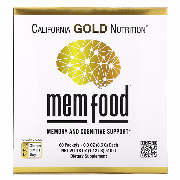 California Gold Nutrition, MEM Food, Memory & Cognitive Support with MEM Blend, L-Serine, Organic Lion's Mane and Blueberry Juice Powder, 60 Packets, 0.3 oz (8.5 g) Each