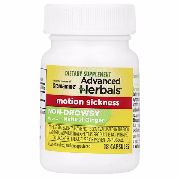 Dramamine, Advanced Herbals™ Motion Sickness, Non-Drowsy, 18 Capsules (500 mg per Capsule)