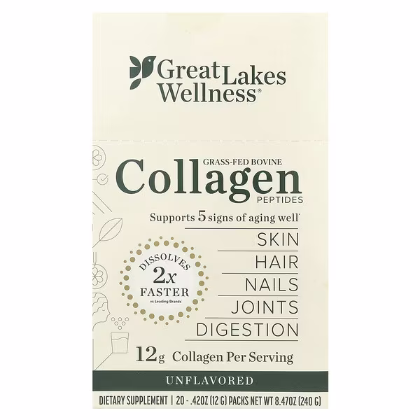Great Lakes Wellness, Grass-Fed Bovine Collagen Peptides, Unflavored, 20 Packs, 0.42 oz (12 g) Each
