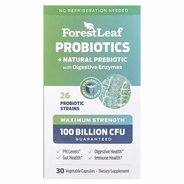 Forest Leaf, Probiotics + Natural Prebiotic with Digestive Enzymes, Maximum Strength, 30 Vegetarian Capsules