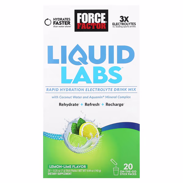 Force Factor, Liquid Labs™, Rapid Hydration Electrolyte Drink Mix, Lemon-Lime, 20 Stick Packs, 0.25 oz (7 g) Each