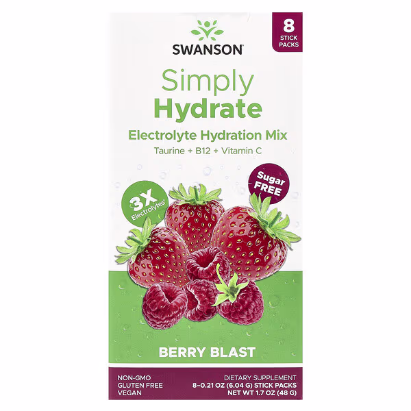 Swanson, Simply Hydrate, Electrolyte Hydration Mix, Berry Blast, 8 Stick Packs 0.21 oz (6.04 g) Each