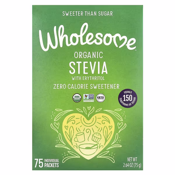 Wholesome Sweeteners, Organic Stevia With Erythritol, Zero Calorie Sweetener, 75 Individual Packets, 2.64 oz (75 g)