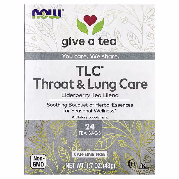 NOW Foods, TLC™ Throat & Lung Care, Elderberry Tea Blend, Caffeine Free, 24 Tea Bags, 1.7 oz (48 g)