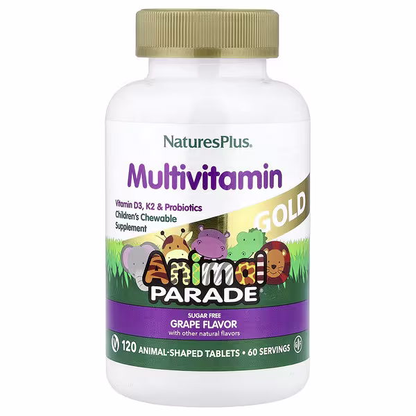 NaturesPlus, Animal Parade Gold, Children's Multivitamin Chewable Supplement, Grape, 120 Animal-Shaped Tablets