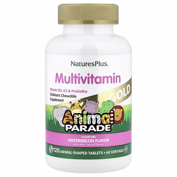 NaturesPlus, Animal Parade® Gold, Children's Chewable Multivitamin Supplement, Watermelon, 120 Animal-Shaped Tablets