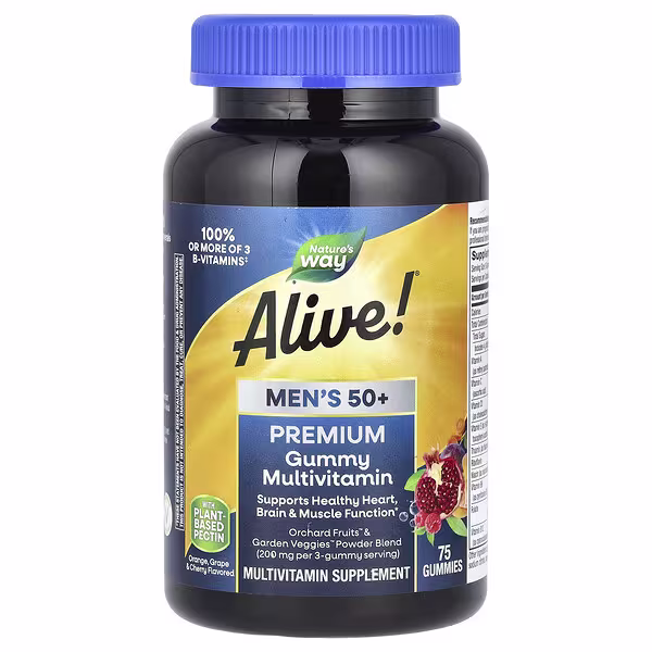 Nature's Way, Alive!® Men's 50+ Premium Gummy Multivitamin, Orange, Grape & Cherry, 75 Gummies