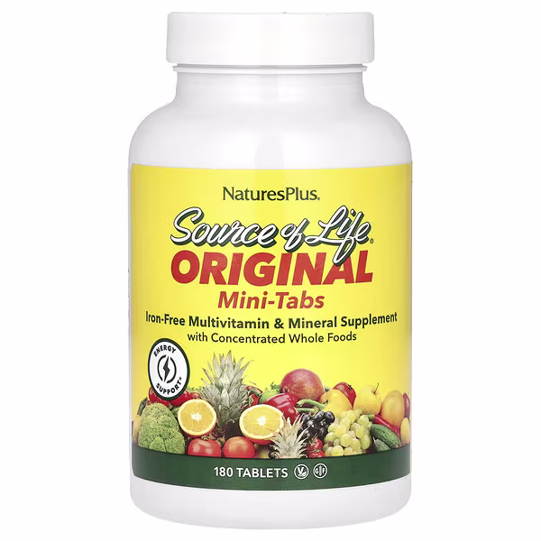 NaturesPlus, Source of Life, Original Mini-Tabs, Multivitamin & Mineral Supplement with Concentrated Whole Foods, Iron-Free, 180 Tablets