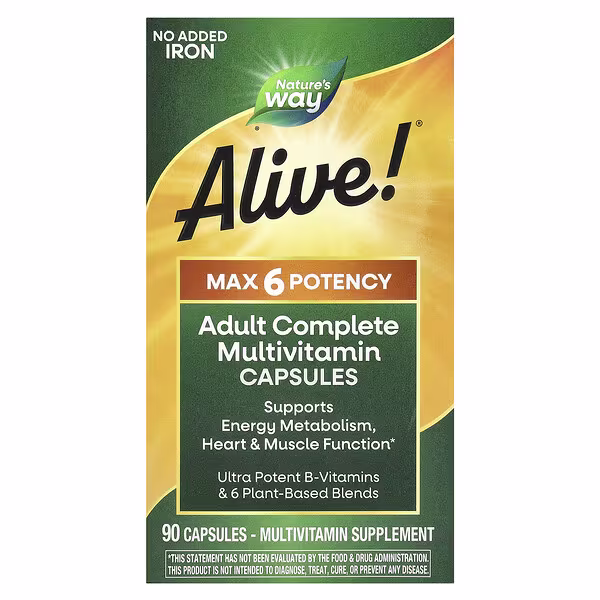 Nature's Way, Alive!® Max6 Potency, Adult Complete Multivitamin, No Added Iron, 90 Capsules