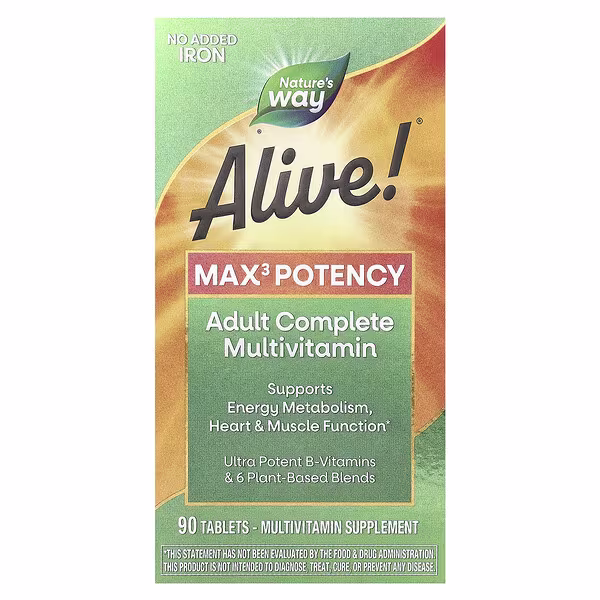 Nature's Way, Alive!® Max3 Potency, Adult Complete Multivitamin, No Added Iron, 90 Tablets