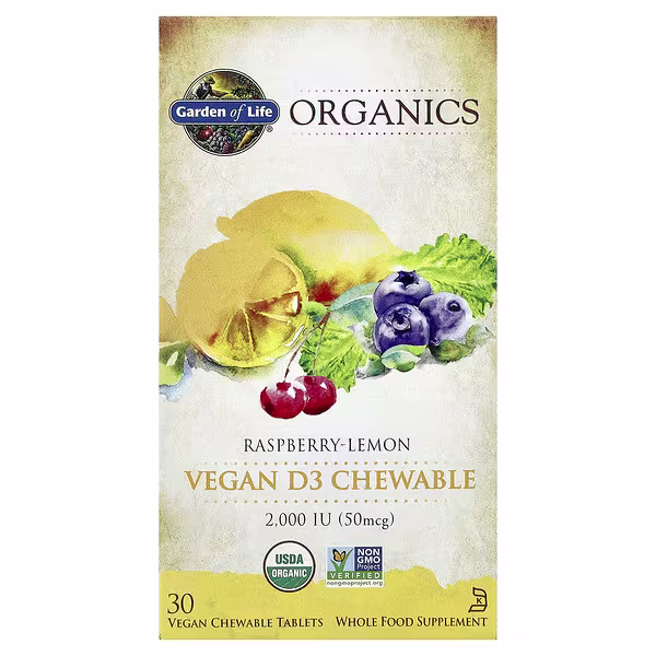 Garden of Life, Organics, Vegan D3 Chewable, Raspberry-Lemon, 30 Vegan Chewable Tablets