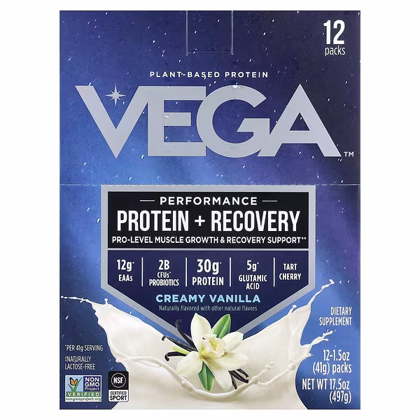 Vega, Plant-Based Protein, Performance Protein + Recovery, Creamy Vanilla, 12 Packs, 1.5 oz (41 g) Each